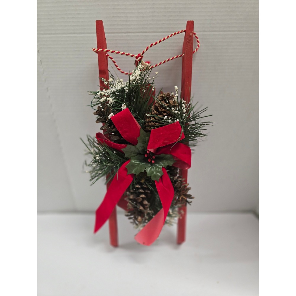 Red Wooden Christmas Sled Wall Hanging Decor Pinecones Holly Ribbon Rustic 12in